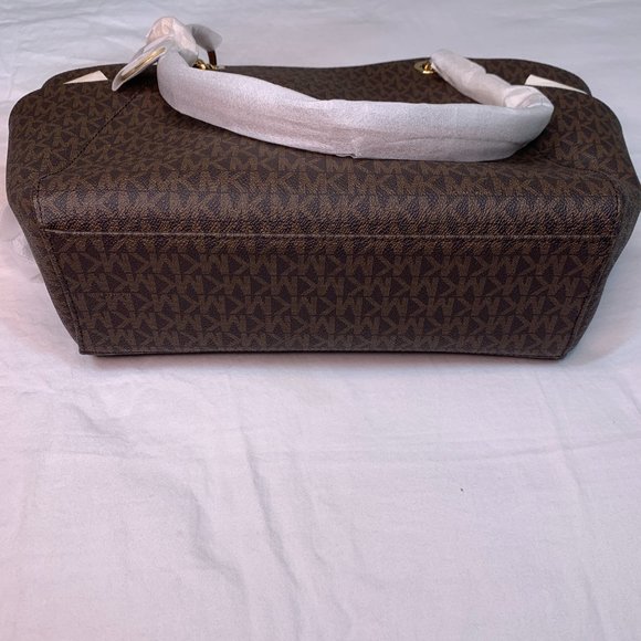 Michael Kors Jet Set Travel Logo Brown Large Shoulder Tote Gold Chain NWT - Picture 11 of 14